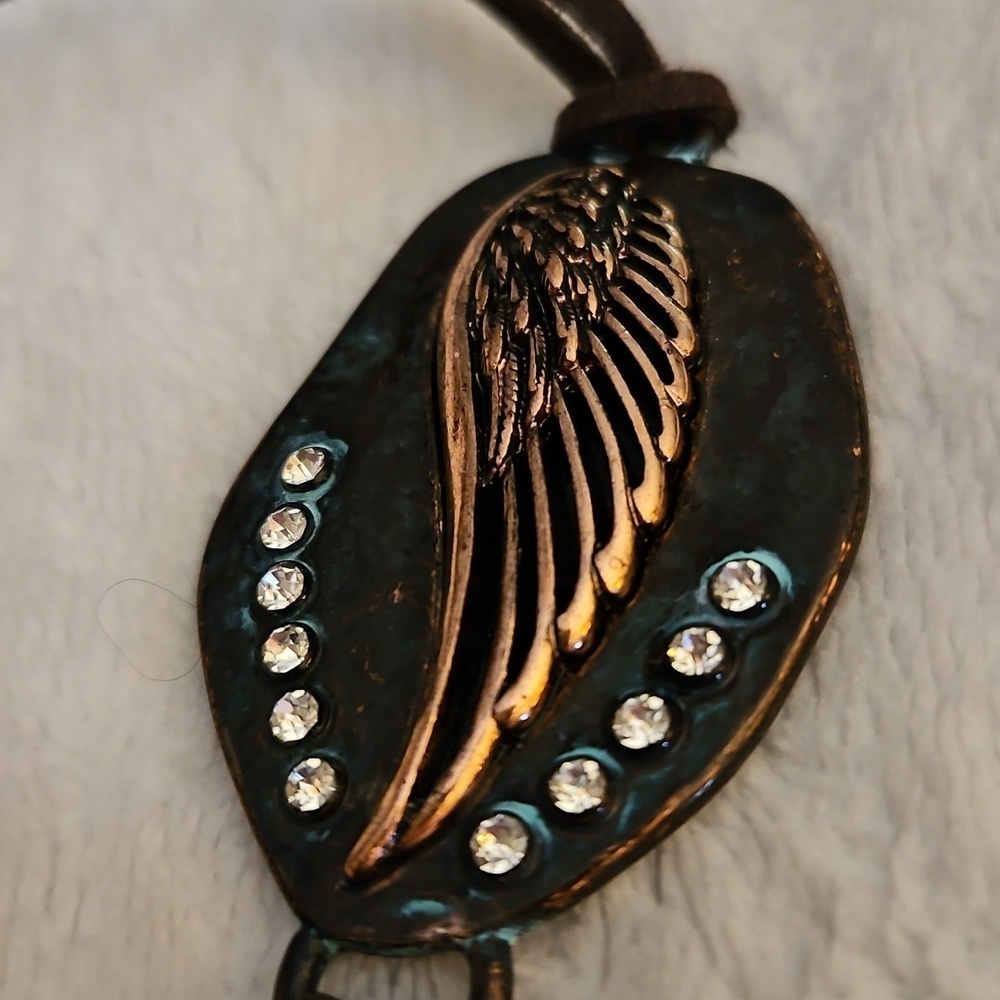 Copper Angel Wing Rhinestone Pendant Long Rope Necklace - Picture 3 of 5